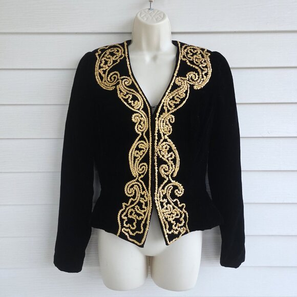 Vintage Morton Myles for the Warrens black velvet gold trim jacket union made - Picture 6 of 9